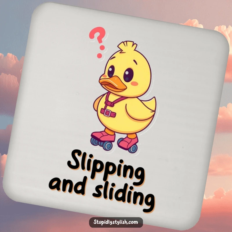 Funny coaster set featuring a confused rubber duck character on roller skates, providing humorous protection for drinks.