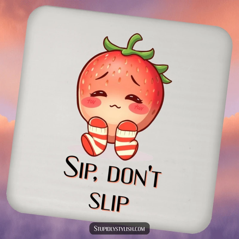 Funny drink coaster with a confused, blushing strawberry wearing mismatched socks, adding adorably awkward humor to any beverage.