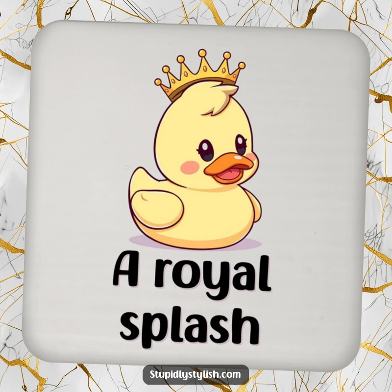 Funny Coaster: A rubber duck with a small crown, looking surprised, protecting surfaces with humor.
