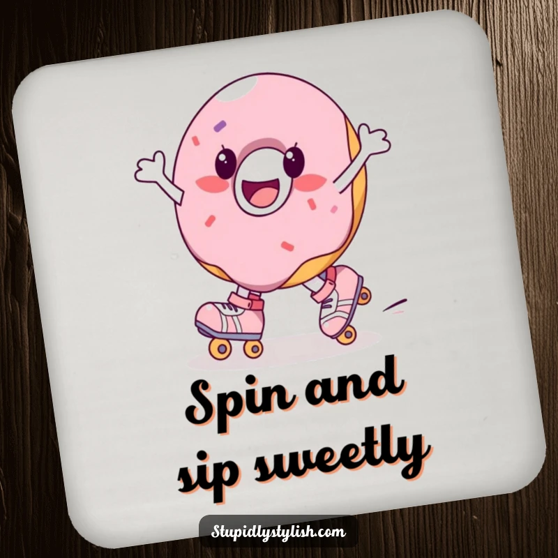 Funny coaster featuring a joyful donut character on roller skates, spinning. Protects surfaces with sweetness.