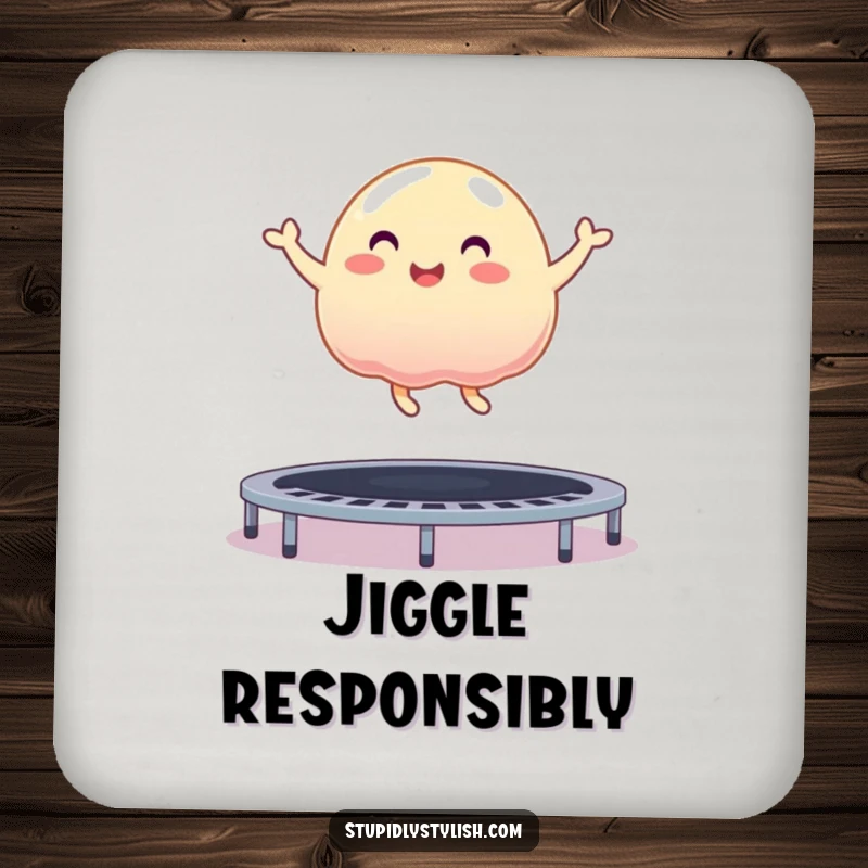 Funny drink coaster displaying a cheerful, wobbly jelly blob gleefully bouncing on a trampoline, adding humor to your table.