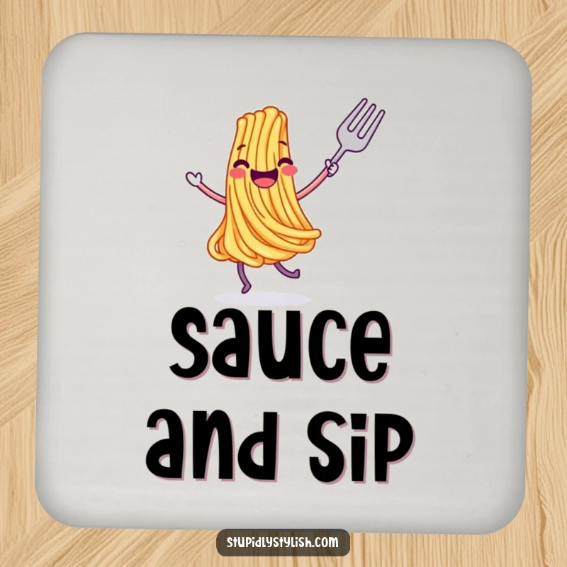 Funny drink coaster with a joyful, dancing spaghetti strand and a fork, adding culinary humor to any beverage setting.