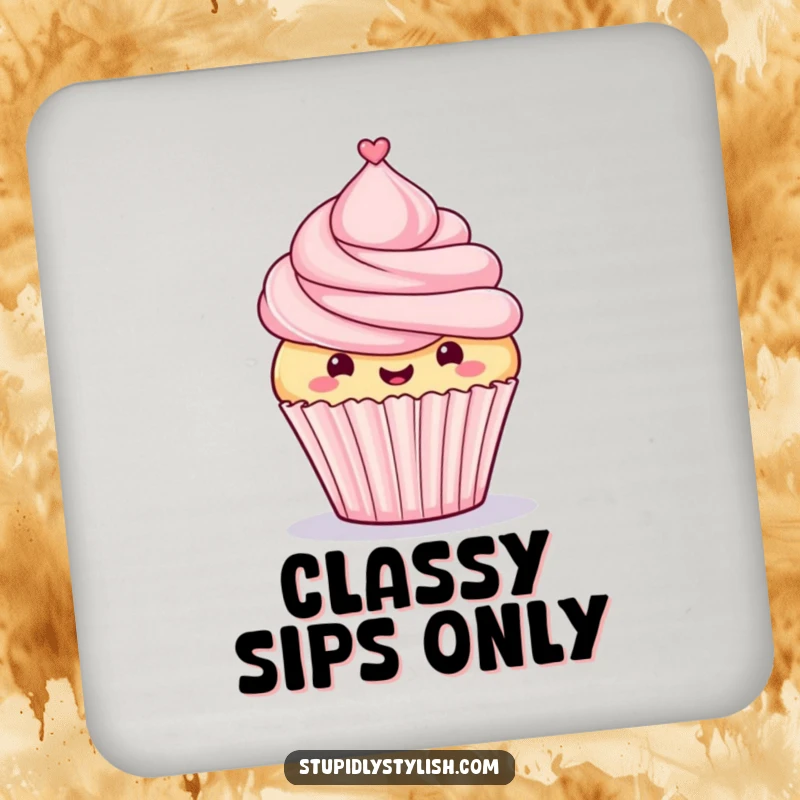 Funny drink coaster with a proud cupcake and tiny top hat, protecting surfaces with dapper charm and humor.