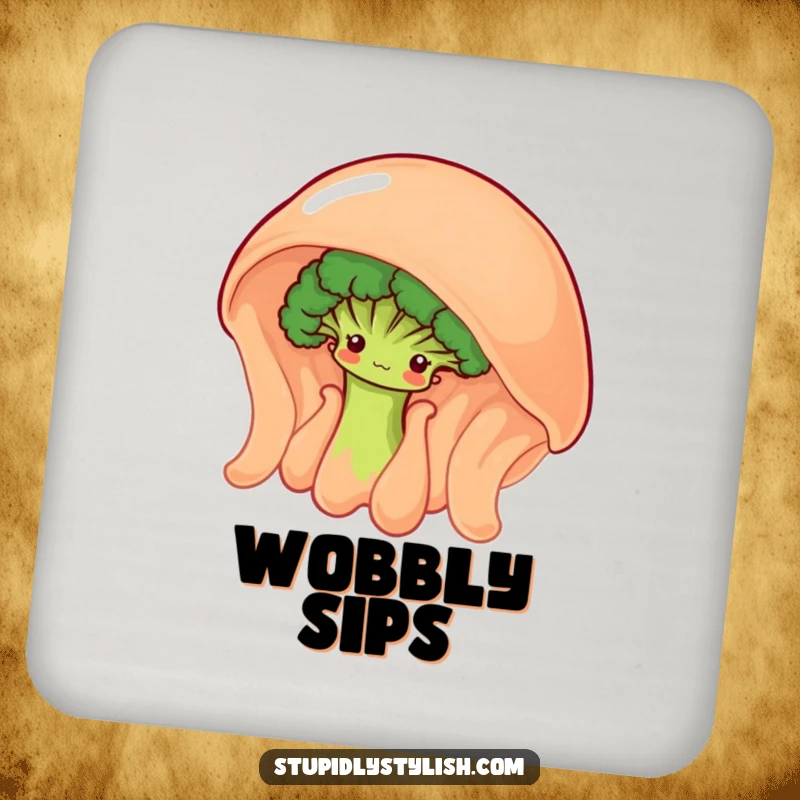 Funny drink coaster with a shy broccoli floret peeking from behind a giant, wobbly jelly, adding charm.
