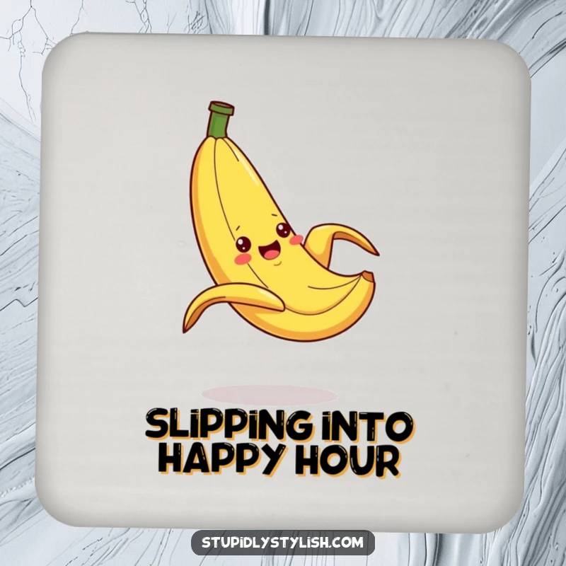 Funny Drink Coaster showcasing a silly banana dramatically slipping on a peel, offering stylish protection and a humorous, cartoon-inspired conversation starter.