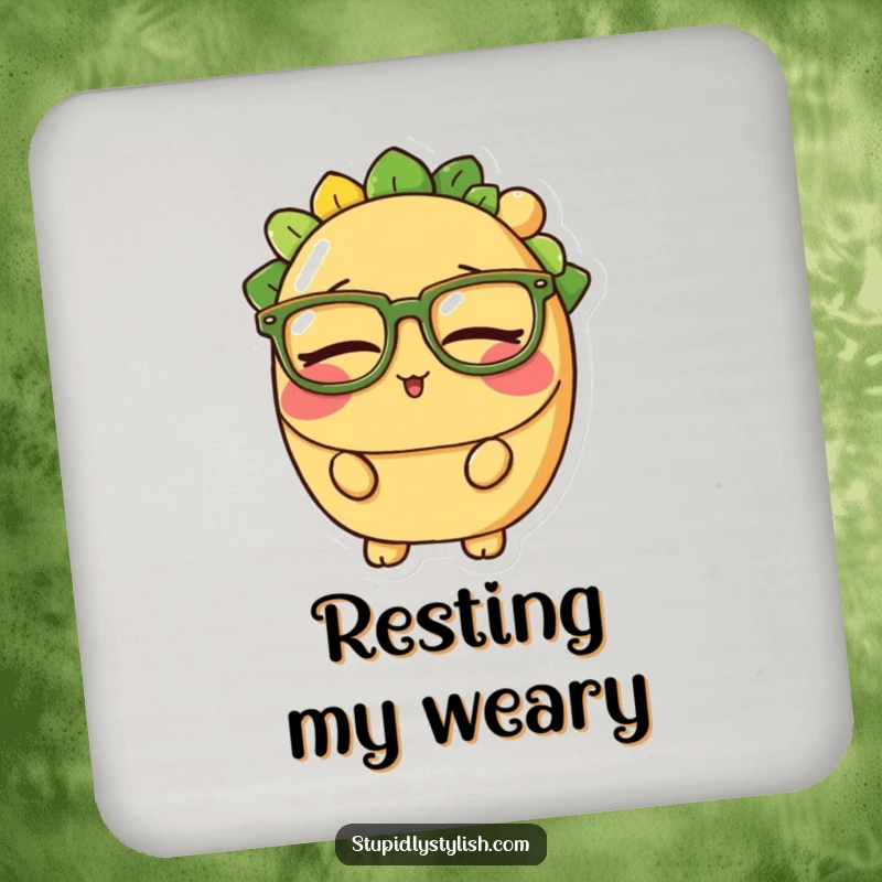 Funny coaster set featuring a sleepy taco character with large glasses, providing humorous protection for drinks.