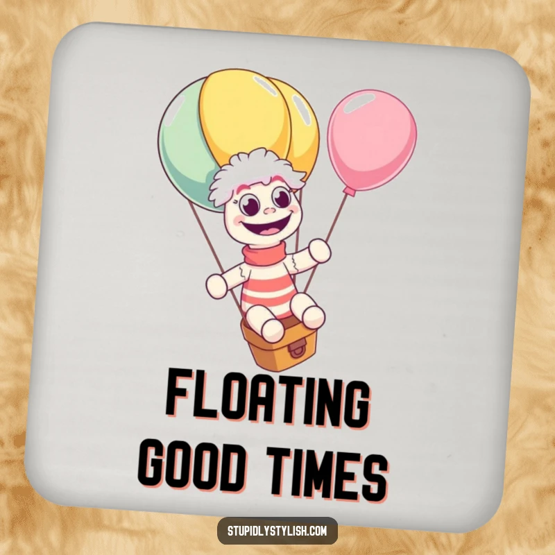 Funny drink coaster featuring a giggling sock puppet riding a large balloon, eyes wide. Protects surfaces with a comical design.