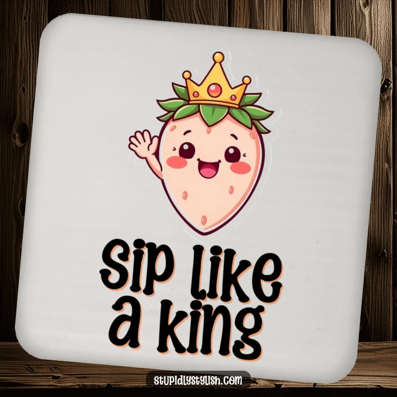Funny drink coaster featuring a happy strawberry character wearing a tiny crown and waving, adding royal charm.