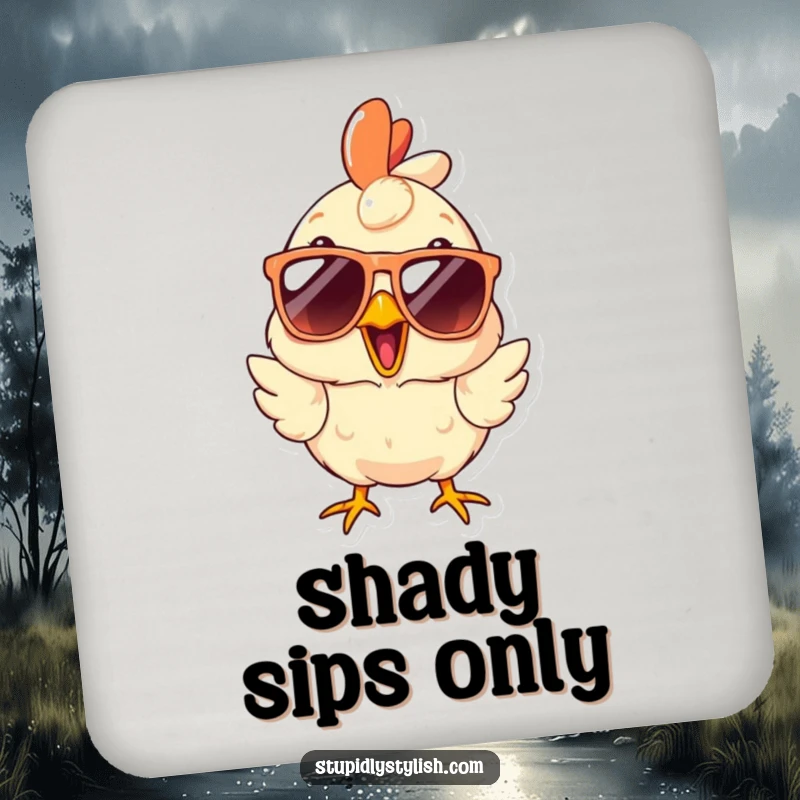 Funny Drink Coaster showcasing a surprised chicken behind oversized sunglasses, offering stylish protection and a humorous conversation starter.