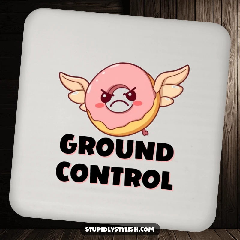 Funny coasters depicting a grumpy donut with pastry wings trying to fly, looking comically flustered, protecting your furniture.