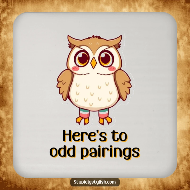 Funny owl drink coasters set showing a surprised owl with mismatched socks, protecting furniture with a humorous and artistic flair.