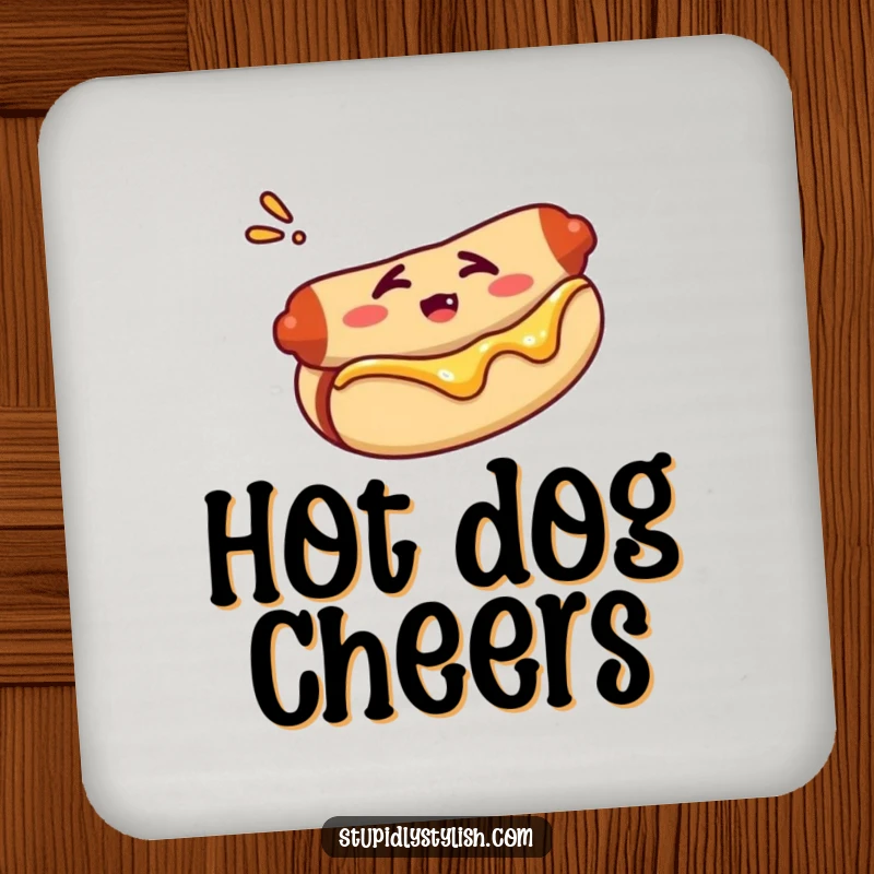 Funny drink coaster with a confused hot dog in a bun, protecting surfaces with a humorous touch.