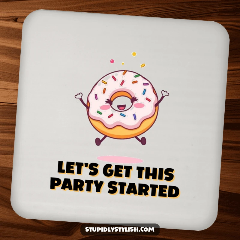 Funny drink coaster showcasing a happy, jumping donut with colorful sprinkles, adding a touch of sweet joy to any table.
