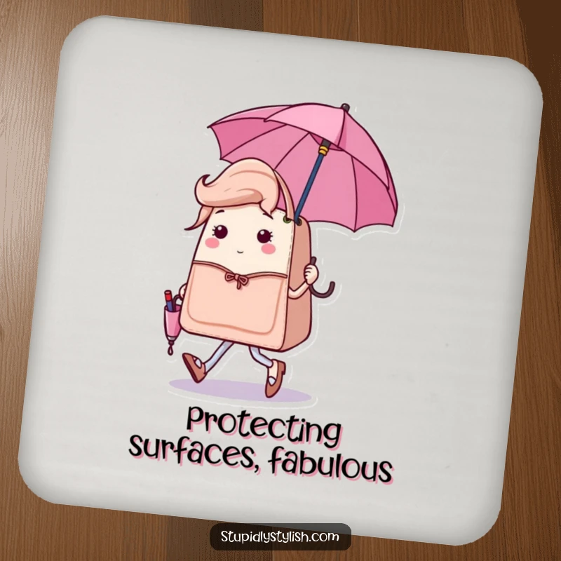 Funny drink coaster with a sassy handbag character strutting with a tiny, matching umbrella, offering chic protection with attitude.