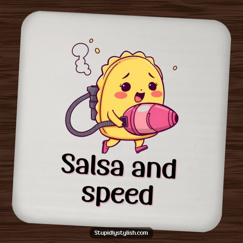 Funny coasters showing a blushing taco using a vacuum cleaner as a jetpack, smoke billowing, a humorous and protective addition to any table.
