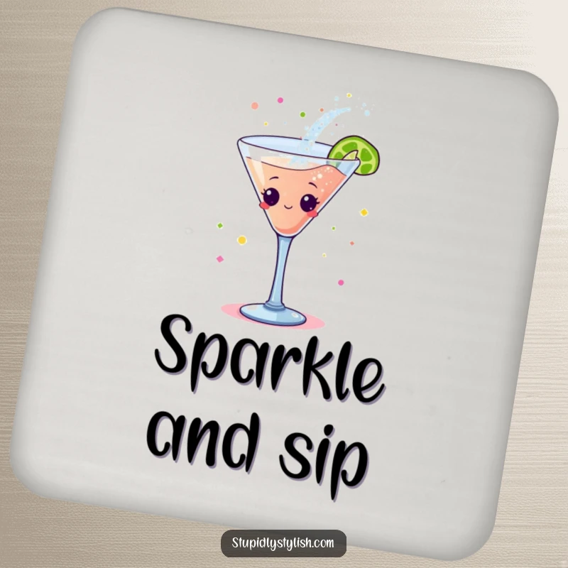 Funny drink coaster: A dancing cocktail glass elegantly spilling glitter, adding a festive and protective element to tabletops.