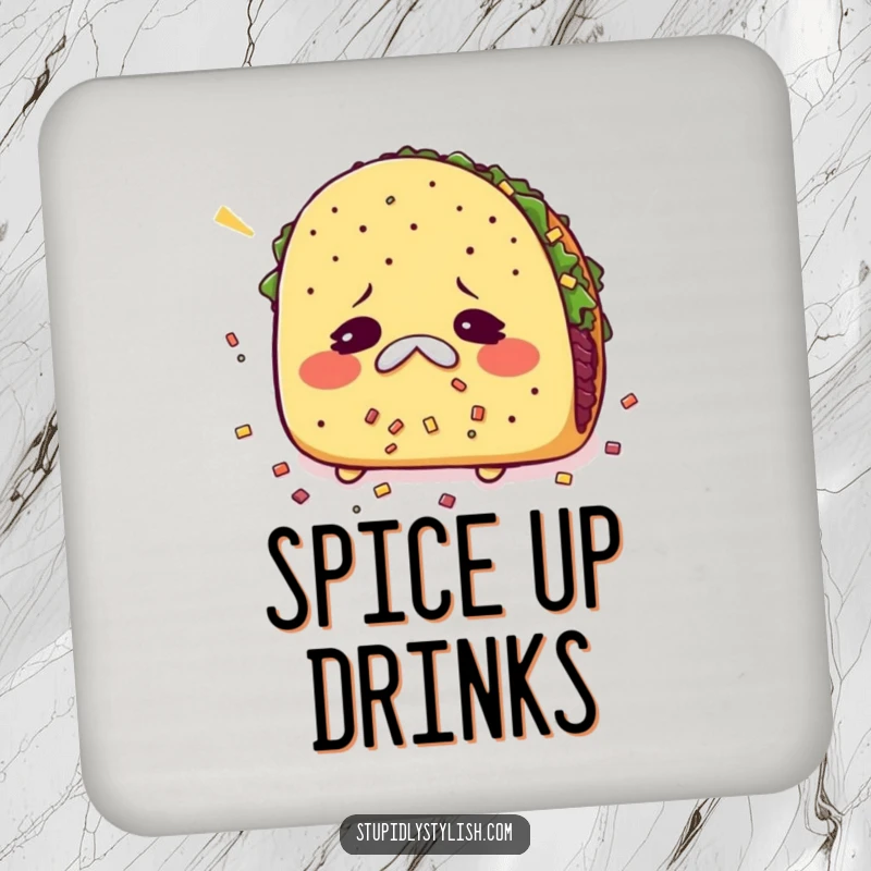 Funny drink coaster with a sneezing taco and scattered fillings, protecting surfaces with a humorous touch.