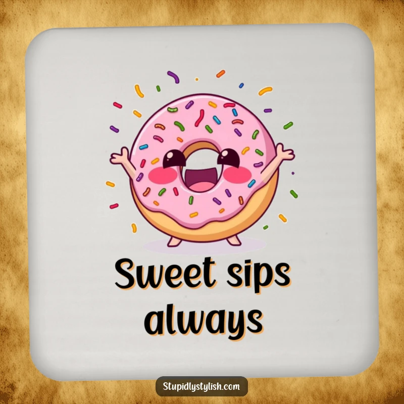 Funny Drink Coaster showcasing an excited donut juggling colorful sprinkles, offering stylish protection and a sweet, humorous conversation starter.