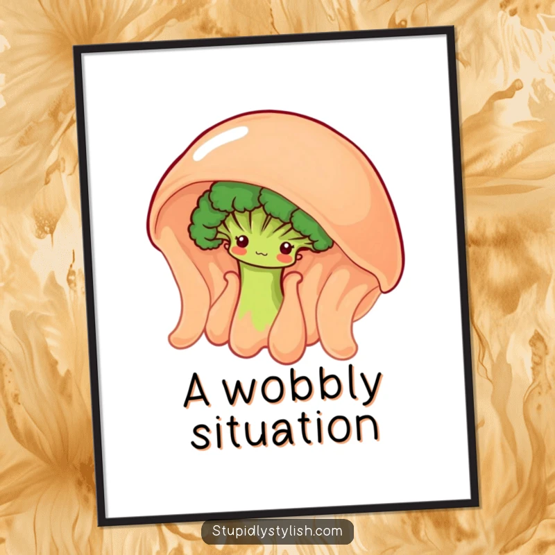 Funny poster featuring a shy broccoli floret peeking from behind a giant, wobbly jelly, a whimsical art piece.