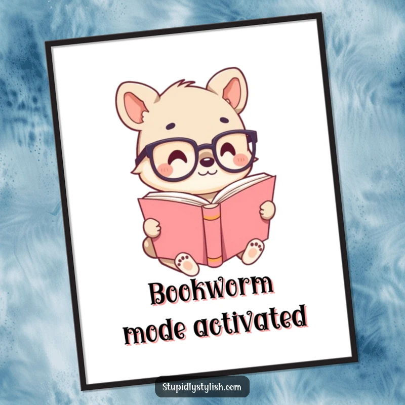 Cute animal character wearing small glasses, deeply engrossed in a giant book, bringing intellectual humor to wall art.