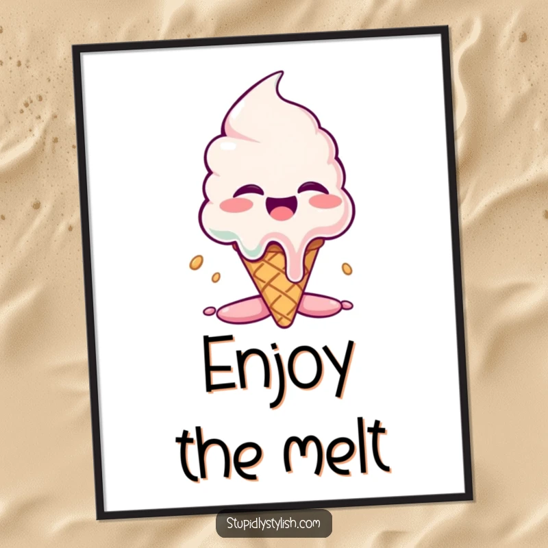 Funny poster: A giggling ice cream cone character captured in a state of exaggerated, comical melting, full of personality.