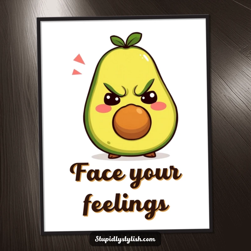 Funny poster: A grumpy avocado artistically rendered with a spectrum of comical, silly, and grumpy facial expressions.