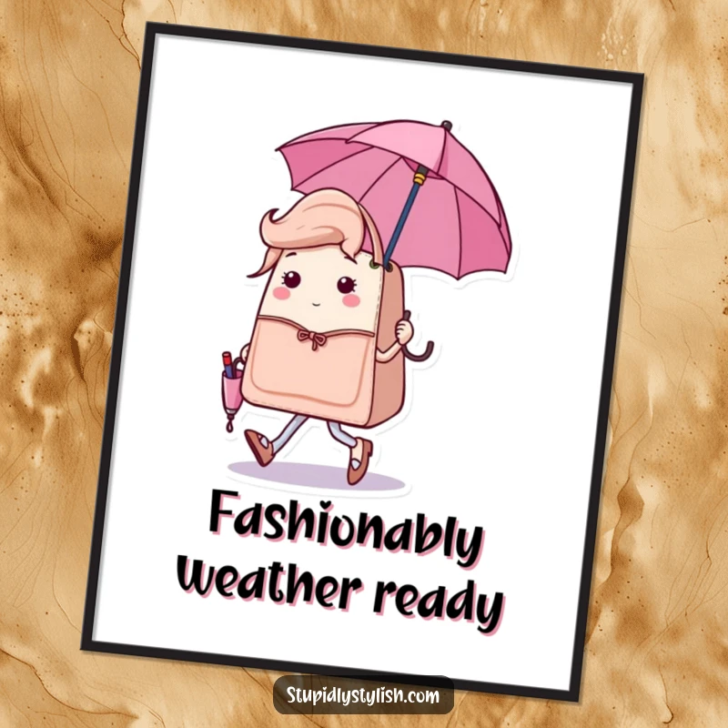 Funny poster print of a sassy handbag character strutting confidently with a miniature, matching umbrella, a chic and bold art piece.