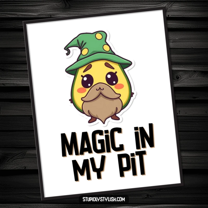 Funny Avocado Wizard Poster featuring a startled avocado in wizard attire, adding a magical touch to decor.