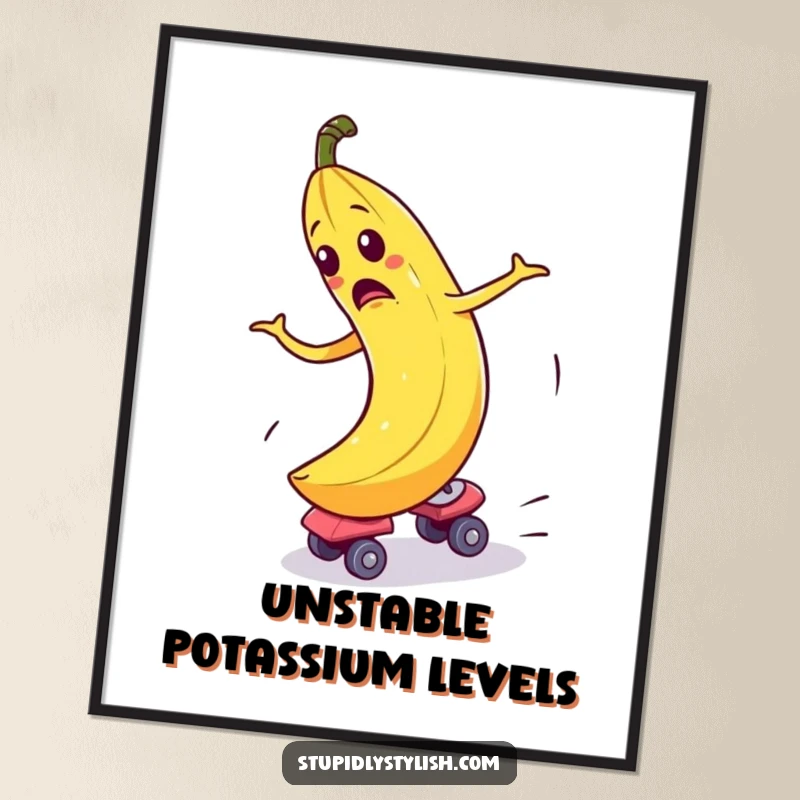 Funny Poster of a bewildered banana comically spinning out of control on roller skates, capturing a moment of hilarious, unpredictable action.