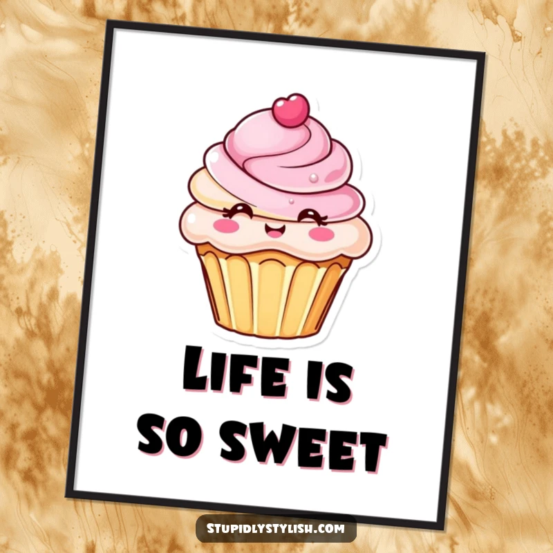 Funny poster print of a chic cupcake character with an extremely elaborate frosting design, a sweet and whimsical piece of art.