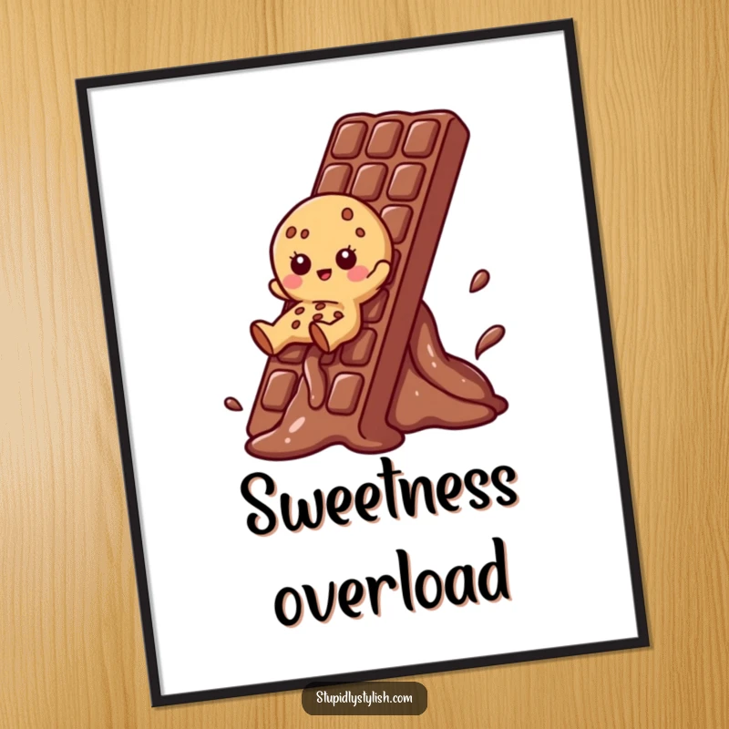 Funny Cookie Poster featuring a cookie character sliding down a melting chocolate bar, celebrating sweet indulgence.