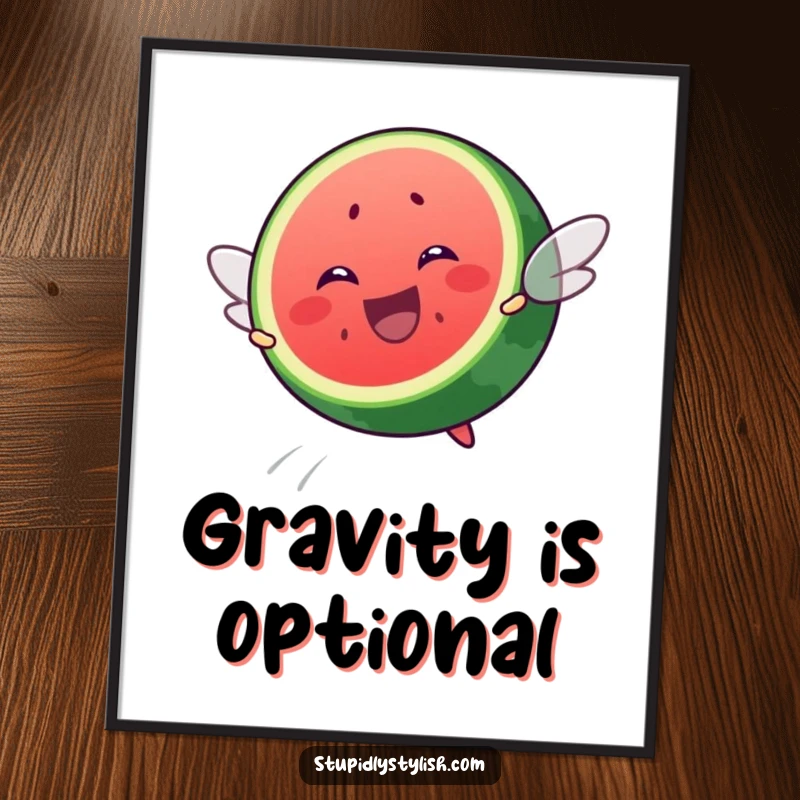 Funny poster art of a joyful watermelon slice making a valiant attempt at flying, showcasing a happy, determined expression.
