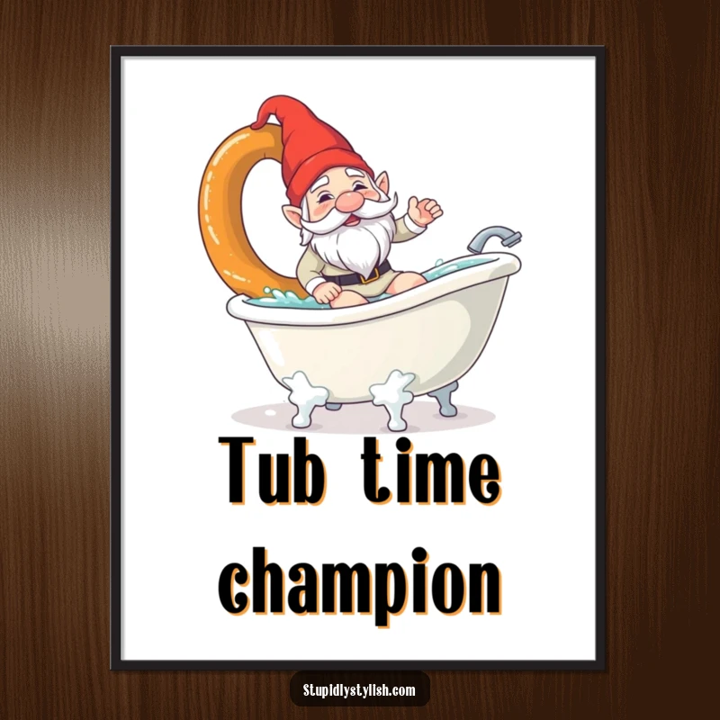 Funny poster print of a confused garden gnome attempting to surf a large pretzel in a bathtub. Whimsical and humorous wall art.