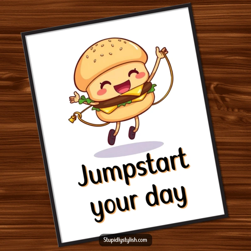 Funny Hamburger Poster featuring a giggling hamburger jumping rope with a cheese strand, celebrating active food fun.