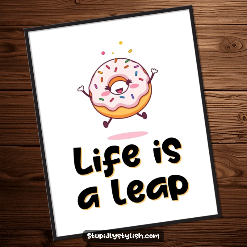 Funny poster showcasing an ecstatic donut with colorful sprinkles performing an energetic jump, embodying pure, infectious happiness.