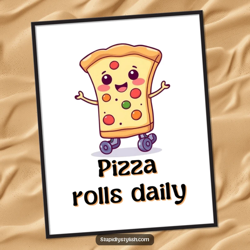 Funny smiling slice of pizza wearing tiny roller skates, humorous wall art for foodies and skaters.