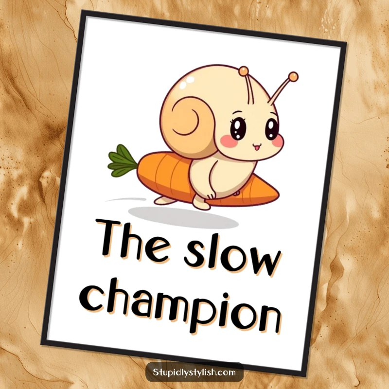 Funny poster art of a focused snail racing a speedy carrot, capturing a humorous and whimsical moment of competition.