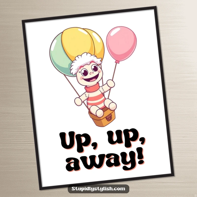 Funny poster print of a sock puppet giggling uncontrollably while riding a giant, escaping balloon, eyes wide with wonder. Whimsical wall art.