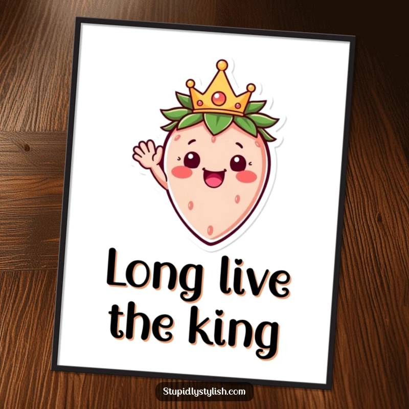 Funny poster print of a joyful strawberry character wearing a small crown and waving, bringing a regal and happy atmosphere.