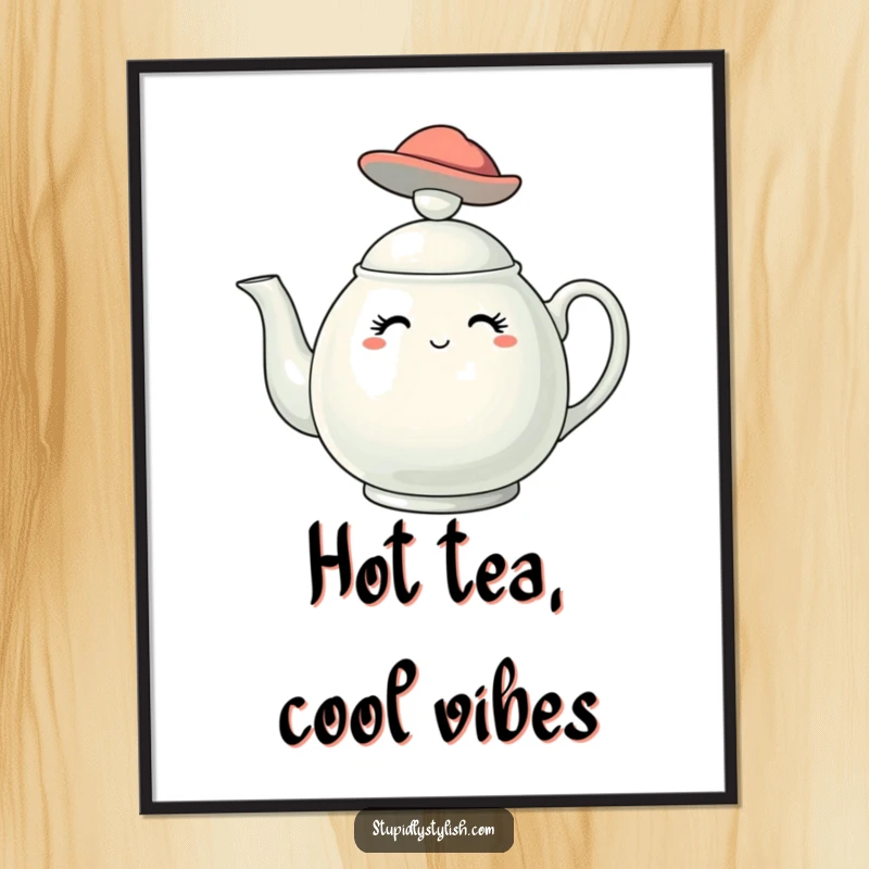 Funny poster print of a chic teapot character wearing a fashionable miniature hat, a delightful and elegant art piece.
