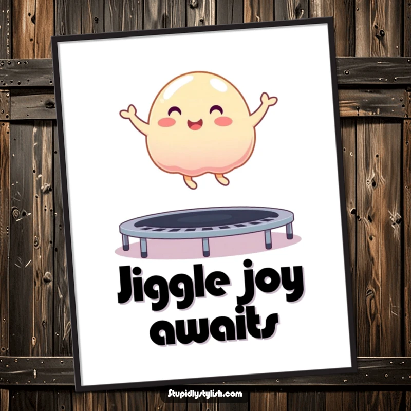 Funny poster of a joyful, unsteady jelly blob performing an epic bounce on a trampoline, capturing pure animated delight.