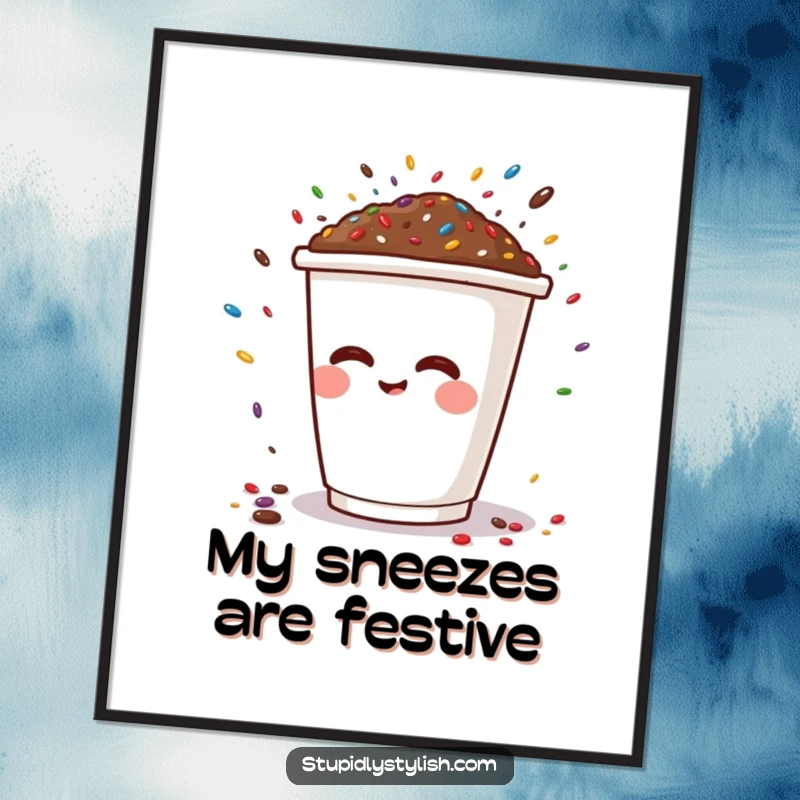 Funny poster featuring a smiling coffee cup unleashing a sneeze of colorful sprinkles, a whimsical and decorative art piece.