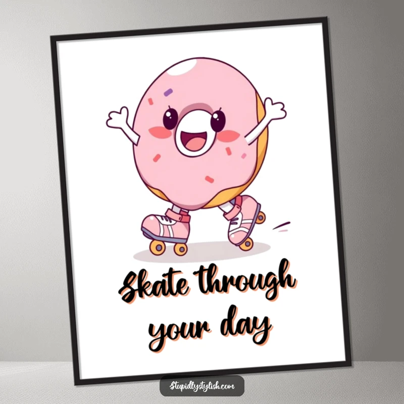 Funny poster of a joyful donut character wearing roller skates and spinning vibrantly. Sweet and energetic art.