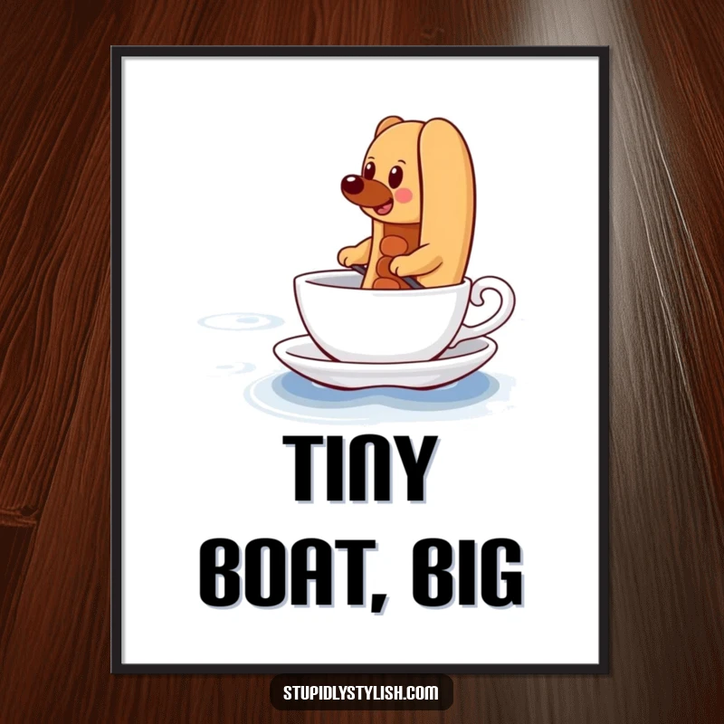 Funny Poster of a determined hot dog comically paddling a teacup across a vast ocean, symbolizing the spirit of adventure and grit.