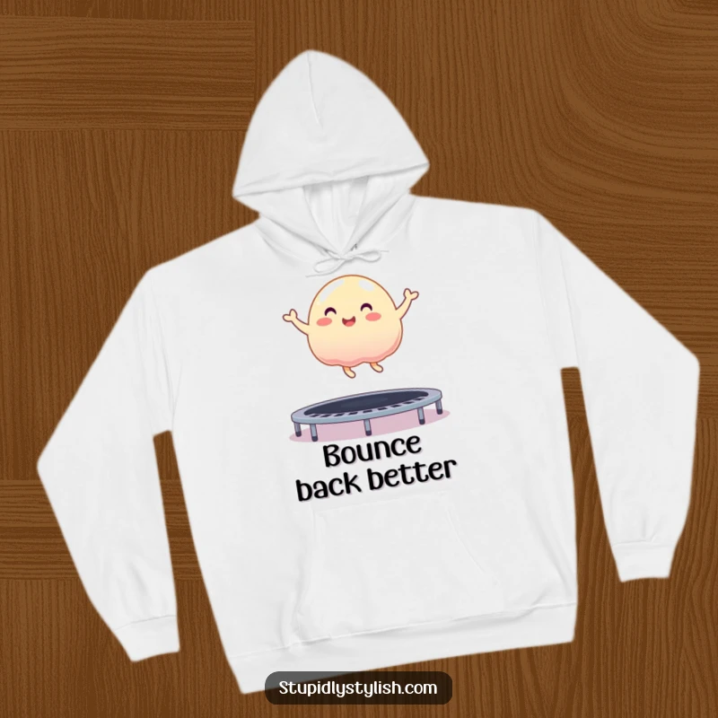 Funny hoodie depicting a gleeful, jiggly jelly blob enthusiastically bouncing on a trampoline, full of vibrant movement.