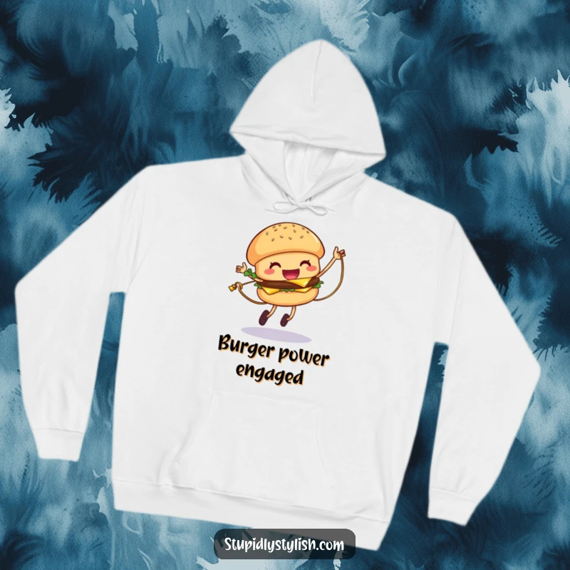 Funny Hamburger Hoodie depicting a giggling hamburger jumping rope with a cheese strand, cozy and fun.