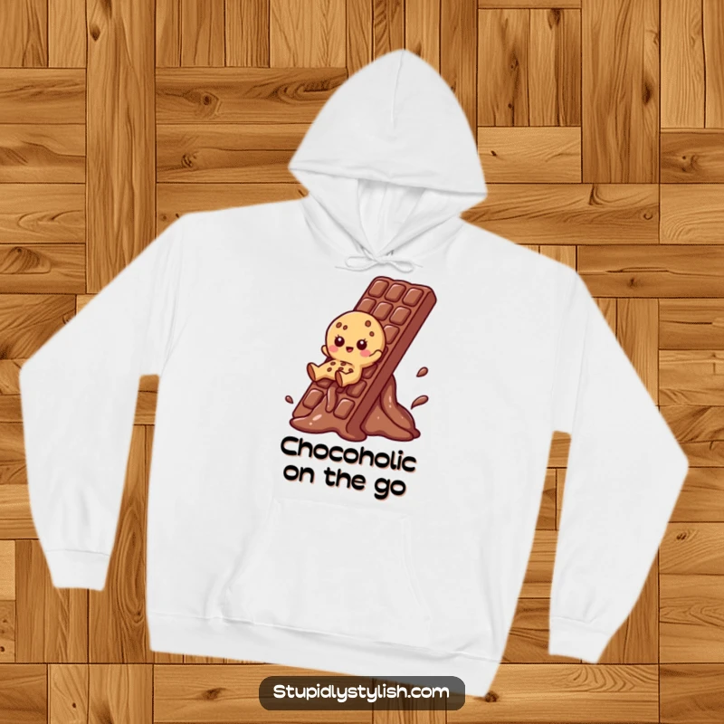 Funny Cookie Hoodie depicting a cookie character sliding down a melting chocolate bar, cozy and sweet.