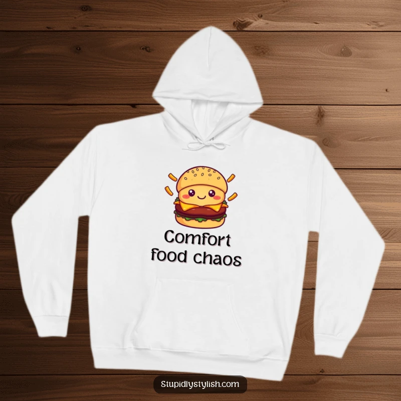 Cute smiling burger character juggling falling fries, ideal for a cozy hoodie that radiates food-themed happiness and humor.