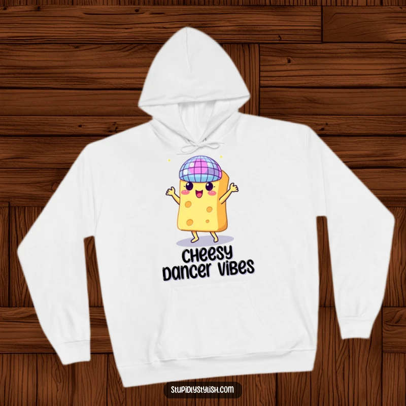Funny hoodie print of a cheese wedge dancing wildly beneath a glittery disco ball, ideal for parties and casual wear.