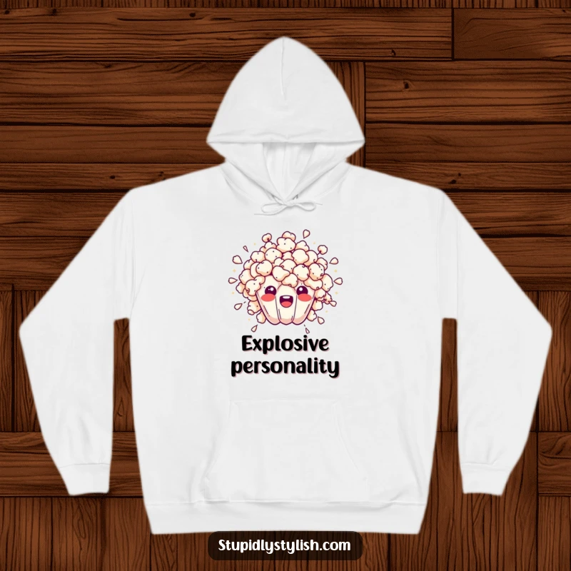 Funny hoodie featuring an overwhelmed popcorn kernel bursting outwards, symbolizing stress and chaos for comfortable wear.
